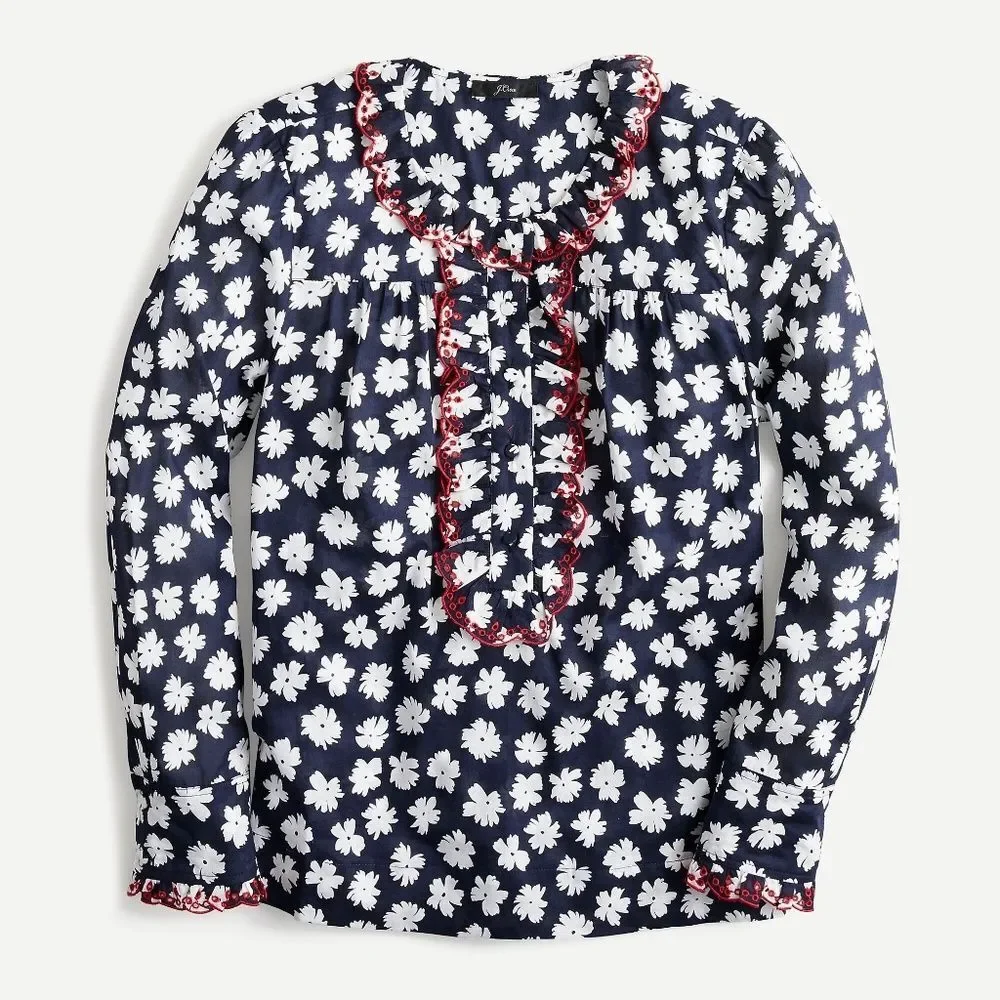 J. Crew Embroidered Ruffle Blouse - Blue/White Daisy Floral Pattern | Size S